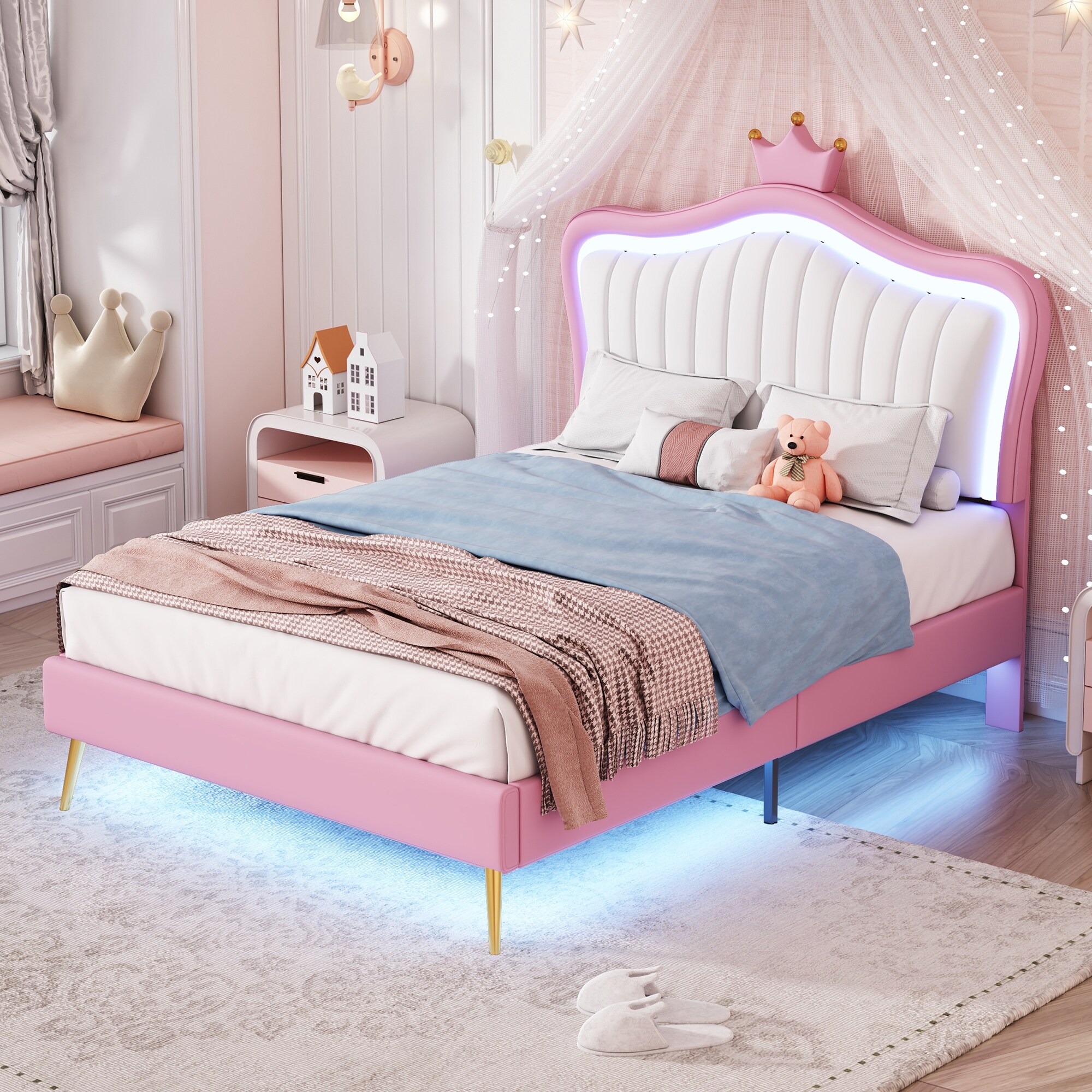 White+Pink Upholstered Princess Bed Kids Crown Headboard Platform